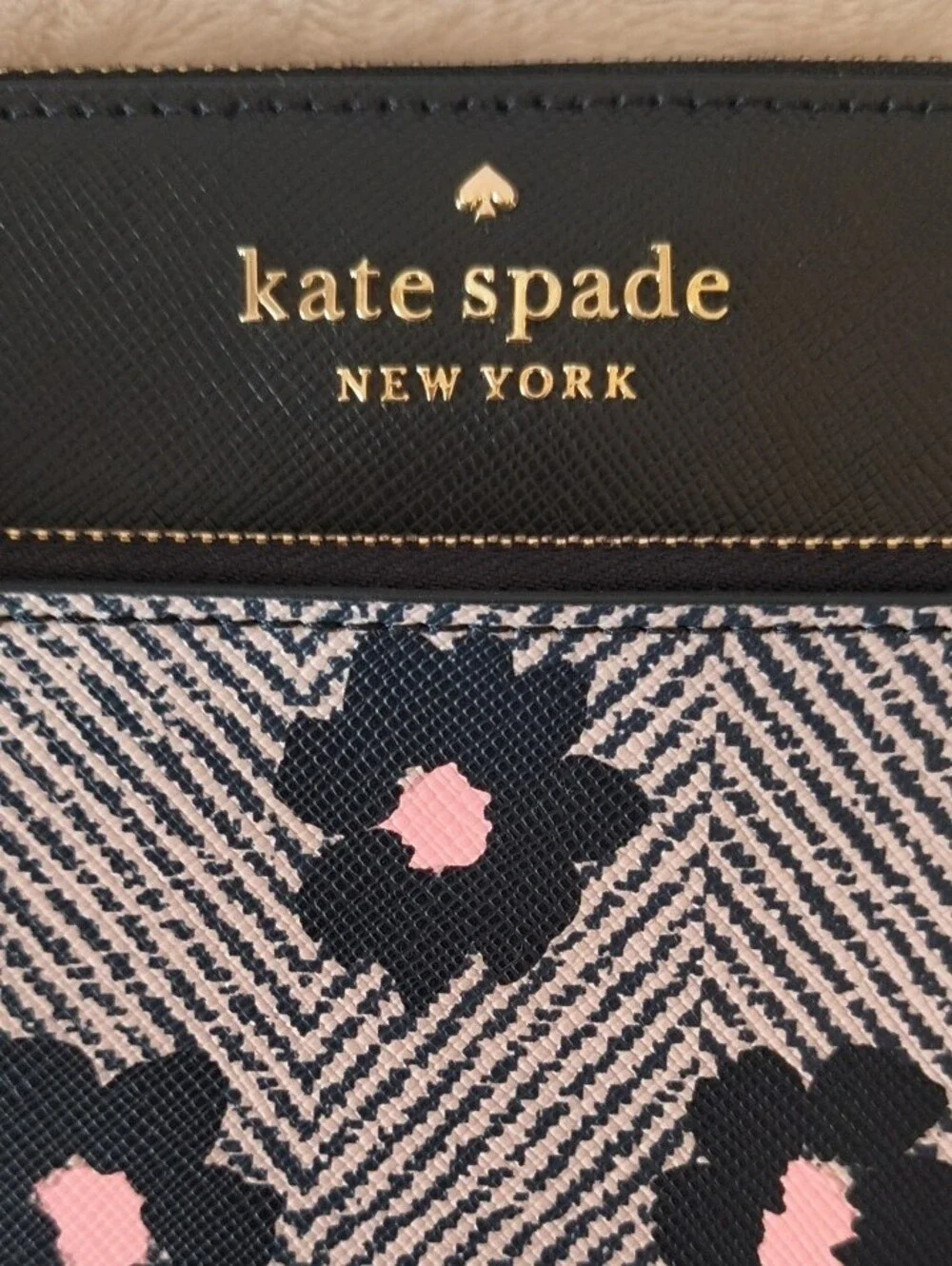 Kate Spade Black Floral Print Wristlet with Pink Accents